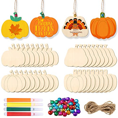 32 Pieces Thanksgiving Wooden Pumpkin Cutouts Unfinished Wood Pumpkins Decoration Autumn Blank Unfinished Craft Pumpkin Ornaments with 32 Jingle