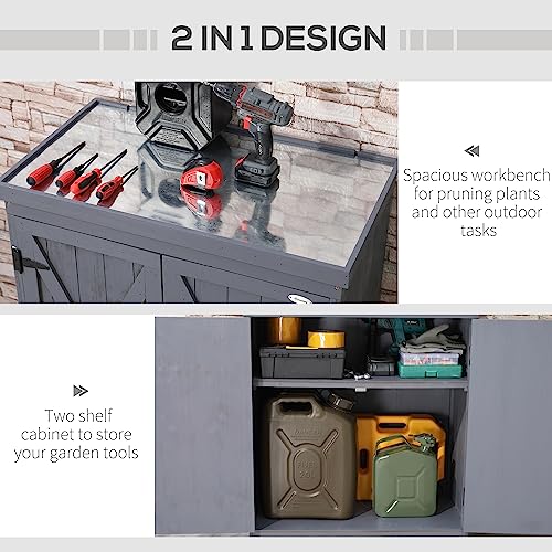 Outsunny Garden Storage Cabinet, Outdoor Tool Shed with Galvanized Top and Two Shelves for Yard Tools or Pool Accessories, Grey Outsunny