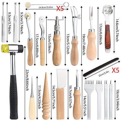 28 Pcs Leathercraft Hand Tools Kit, Upholstery Repair Kit Leather Working Tools with Leather Prong Punch, Leather Hammer, Stitching Groover, Leather JUPEAN