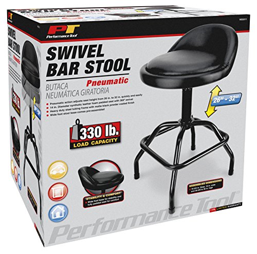 Performance Tool W85011 Adjustable Height Bar Stool, Pneumatic Swivel Bar Stool with Back Support, 360 Degree Swivel, Heavy Duty Steel Frame Stool Performance Tool