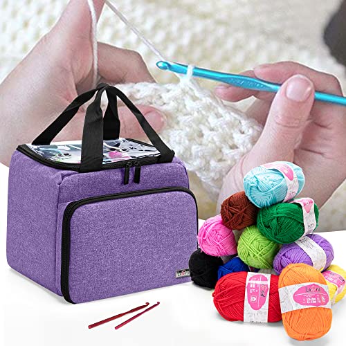 LoDrid Knitting Starter Kit with 12(50g) Basic Colors Yarn & 2 Crochet  Hooks, Portable Knitting Tote Bag with Yarn Set Tools for Beginners, 7  E-Books