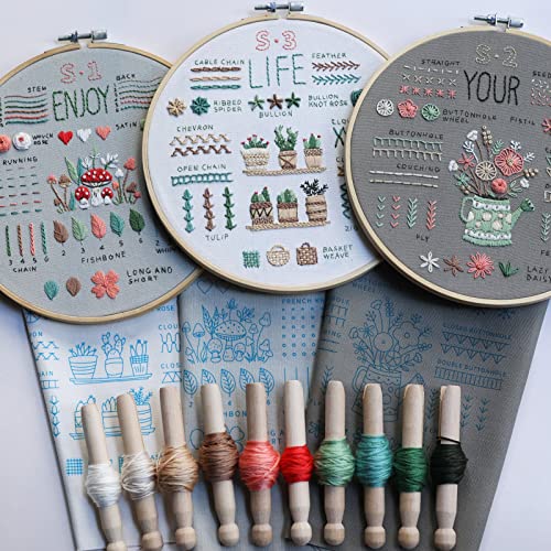 ETSPIL 3 Sets Embroidery kit for Beginners Adults，Learn 33 Different Stitches DIY Kits ，Includes Stamped Flower Pattern, Hoop, Color ETSPIL