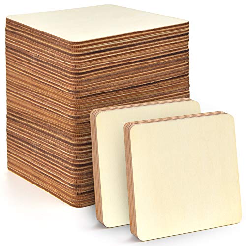 80 Pieces 4 Inch Unfinished Wooden Square Blank Natural Wood Slices Wooden Cutout Tiles for DIY Crafts Home Decoration Painting Staining (Square)