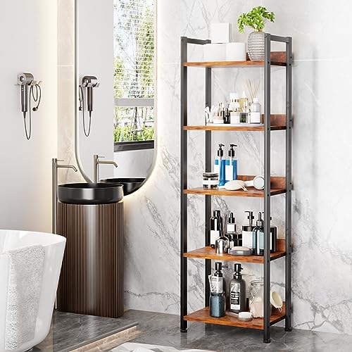 Furologee 5 Tier Bookshelf with Drawer, Tall Narrow Bookcase with Shelves, Wood and Metal Book Shelf Storage Organizer, Industrial Display Standing
