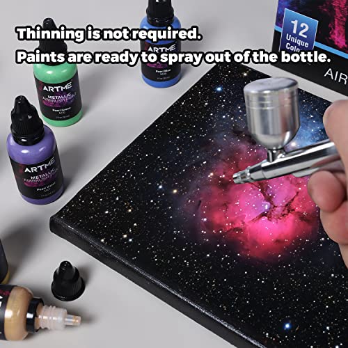 ARTME Airbrush Paint, 12 Metallic Colors Airbrush Paint Set Opaque & Water Based Acrylic Metallic Airbrush Paint, Ready to Spray, Leather & Shoe Artme