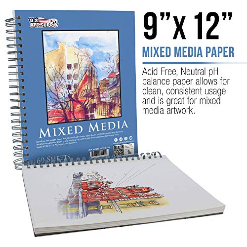 U.S. Art Supply 9" x 12" Mixed Media Paper Pad Sketchbook, 2 Pack, 60 Sheets, 98 lb (160 gsm) - Spiral-Bound, Perforated, Acid-Free - Artist