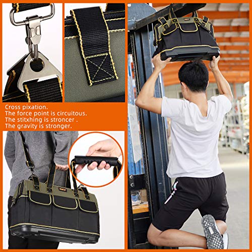 FASTECH 20-inch Wide Mouth Tool Bag with Water Proof Molded Base，Wide Mouth Tool Tote Bag,Waterproof Tool Organizer Bag for Men with Adjustable FASTECH