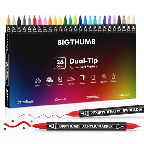 BIGTHUMB 26 Colors Acrylic Paint Pens, Dual Tip Acrylic Paint Markers with Fine Tip and Dot Tip, Paint Markers for Painting Rock, Wood, Canvas, BIGTHUMB