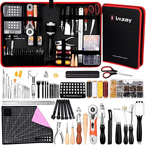 IMZAY 415Pcs Leather Tooling Working Kit, Compact Beginner Leather Tools and Supplies with Leather Stitching Sewing Carving Cutting Crafting Tools IMZAY