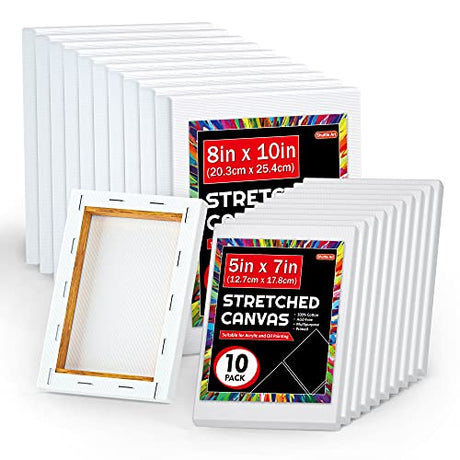 Shuttle Art Stretched Canvas, 20 PCS Value Pack, 5 x 7, 8 x 10 Inches (10 of Each), 100% Cotton, Primed White Canvases for Painting, Stretched Canvas Shuttle Art