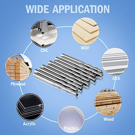 HQMaster CNC Router Bits 1/8" Shank CNC Bit End Mill Flat Nose Carbide Endmill Two Flute Spiral Upcut Milling Cutter Tool Set for Wood PVC MDF HQMaster