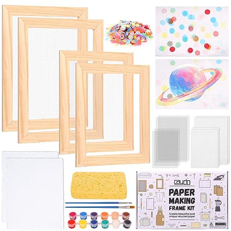 Caydo 18 Pieces Paper Making Kit Includes A5, A6 Size Wooden Mold and Deckle, Absorbent Paper, Pulp, Sponge, Paints, Confetti and Instructions for Caydo