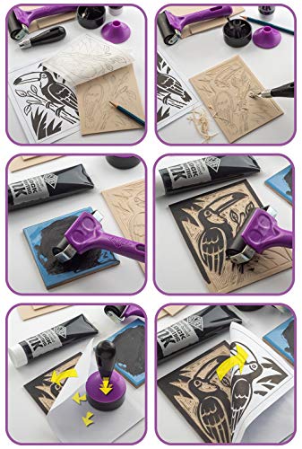 ESSDEE Block Printing Essentials Kit Includes 2 Ink Rollers, 3 Lino Cutters, Lino Handle, Printing Ink and Carving Block || Used in Art, Craft and