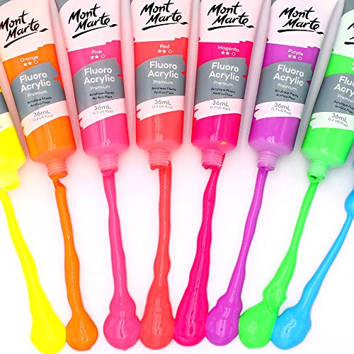 Mont Marte Fluoro Acrylic Paint Set, 8 x 1.02oz (36ml) Tubes, 8 Colors, Suitable for Most Surfaces Including Canvas, Card, Paper and Wood MONT MARTE