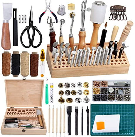 Jupean 458 Pieces Leather Kits, Leather Working Tools, Leathercraft Tools and Supplies with Instruction, Tool Holder, Leather Stamps Set, Prong JUPEAN