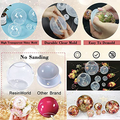 RESINWORLD Set of 4", 3", 2.5", 2", 1.7", 1.3", 0.9" Clear Silicone Sphere Molds, Large 3D Seamless Sphere Silicone Molds for Resin Casting, Round ResinWorld