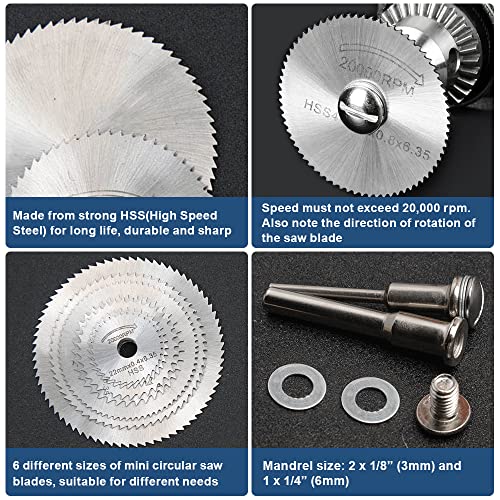 Drill Saw Blades for Dremel Rotary Tool 6Pcs HSS Saw Disc Wheel Cutting Blades with 2Pcs 1/8" Round Shank,1Pcs 1/4" Round Shank for Wood Plastic FOTYBEI
