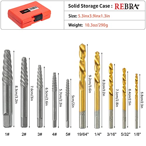 REBRA Screw Extractor and Left-Hand Drill Bit Set, Easy Out Broken Bolt Remover Reverse Cobalt HSS Steel Drill Kit, Ez Out Stripped, Rounded-Off, REBRA