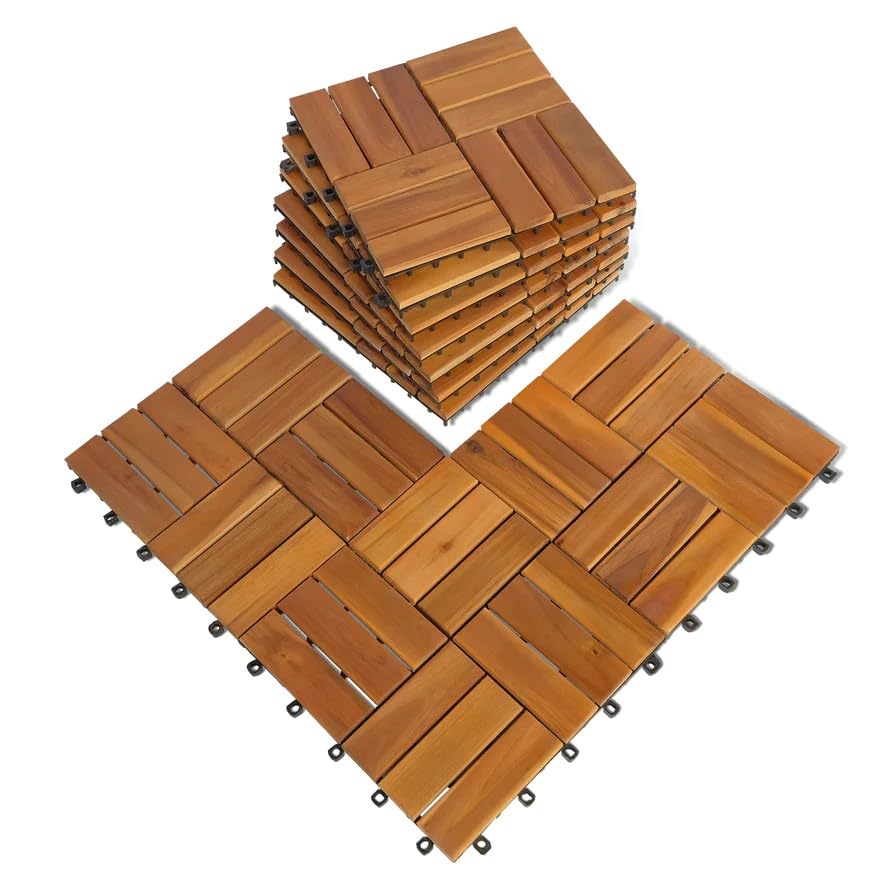 HOUSEBOOK- 12 slats Pack of 9 Premium Wood(Not Softwood Fir/Pine) Interlocking Deck Tile, Patio Pavers Floor, Flooring Tiles, Decor, D.I.Y Tiles,