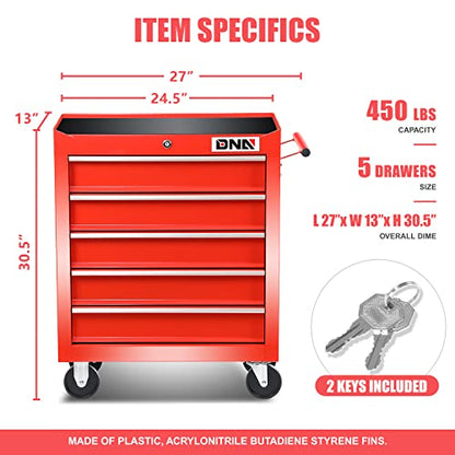 DNA MOTORING TOOLS-00263 5-Drawer Plastic Top Rolling Tool Cabinet with Keyed Locking System,13" D x 24.5" W x 30.5" H,Red - WoodArtSupply