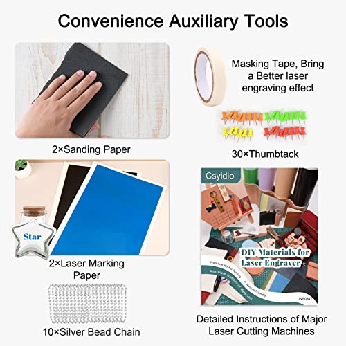 Csyidio 300 PCS Laser Engraving Material, 40 Kinds of Laser Engraver Accessories with Instructions, Laser Engraving Supplies Including Acrylic, Csyidio