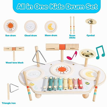 Twefex Kids Drum Set - 9 in 1 Baby Drum Set for Toddlers - Montessori Musical Instruments Toy for Babies - Wooden Xylophone Musical Toys for Boys and - WoodArtSupply