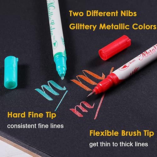 Sunshilor Dual Tip Metallic Marker Pens, Brush and Fine Point Pens for Black Paper, Rock Painting, Easter Egg, Halloween Pumpkin, Card Making, Metal, Sunshilor