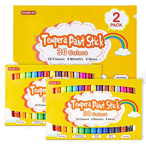 Shuttle Art Tempera Paint Sticks, 60 Pack, 2 Sets of 30 Colors Solid Tempera Paint, Washable, Super Quick Drying, Works Great on Paper Wood Glass