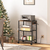 HOOBRO Industrial Printer Stand, 3-Tier Mobile Printer Table, Rolling Cart with Power Outlets and USB Ports, Home Printer Stand with 2 Hooks, for HOOBRO