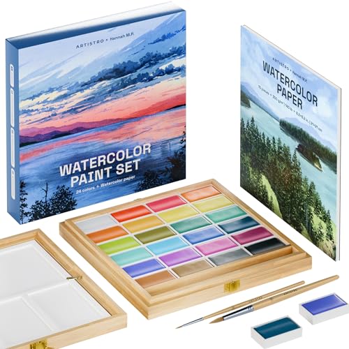 ARTISTRO x HANNAH M.P Watercolor Paint Set Limited Edition - 24 colors in Bamboo Wooden Box (6ml XL Pans) - 2 Brushes, Watercolor Paper, Mixing Tray