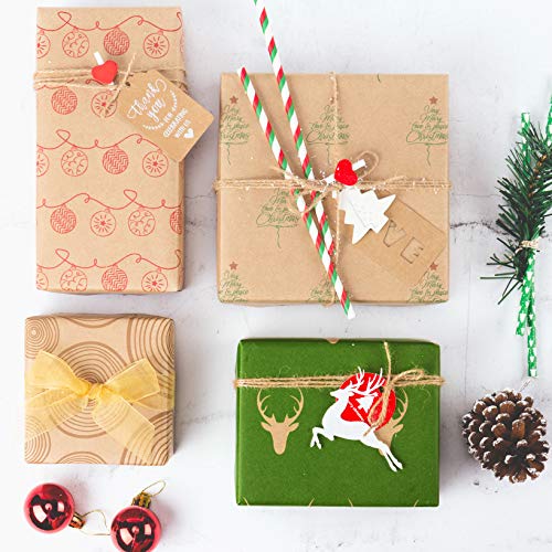 RUSPEPA Christmas Wrapping paper - Brown Kraft Paper with Red and Green Pattern For -Christmas Elements Collection-6 Roll-30Inch X 10Feet Per Roll - WoodArtSupply