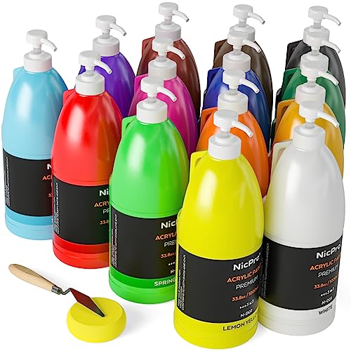 Nicpro 14 Colors Large Bulk Acrylic Paint Set (33.8 oz, 1000 ml) Rich Art Painting Supplies, Non Toxic for Multi Surface Canvas Wood Leather Fabric Nicpro