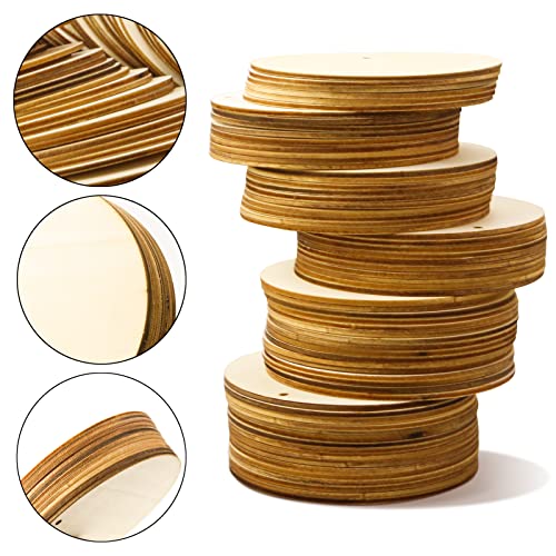 FSWCCK 100 Pcs 4 Inch Unfinished Wood Circles Rounds with Holes, Wood Round Disc Cutouts, Blank Round Wood Circles for DIY Crafts, Painting,