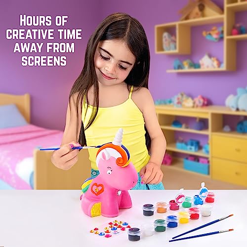 GirlZone Paint Your Own Unicorn Piggy Bank for Girls, Paint a Cute Unicorn with Cool Metallic Paints, Great Craft Kit for Kids and Fun Gift Idea GirlZone