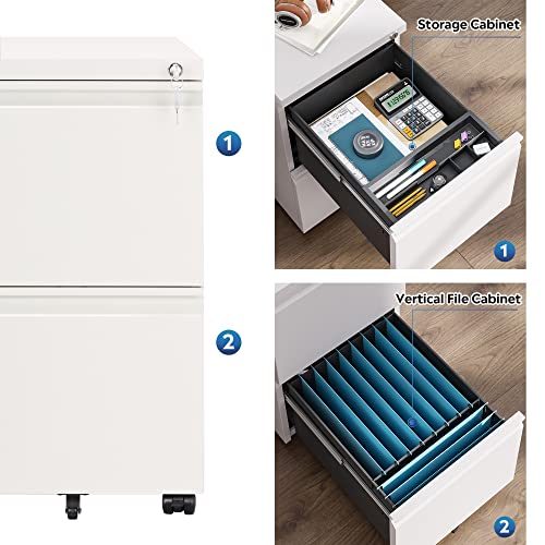 DEVAISE 2-Drawer Mobile File Cabinet with Lock, Commercial Vertical Cabinet, White - WoodArtSupply