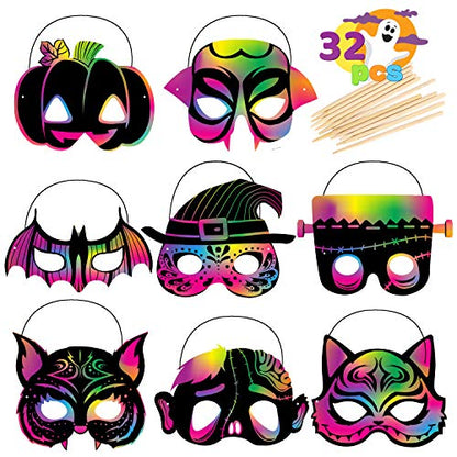 JOYIN 32 Pcs Halloween Mask Craft Kit for Kids, DIY Rainbow Scratch Art Masks for Halloween，Kids Magic Scratch Paper Animal Masks, Halloween Party - WoodArtSupply