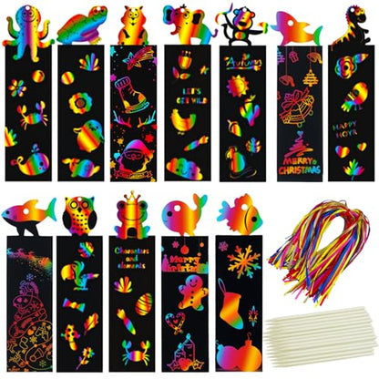 100Pcs Scratch Art Bookmarks Making Kit for Kids, Scratch Paper DIY Animal Bookmarks Bulk with 100 Pcs Ribbons and 100 Pcs Wood Stylus for Classroom