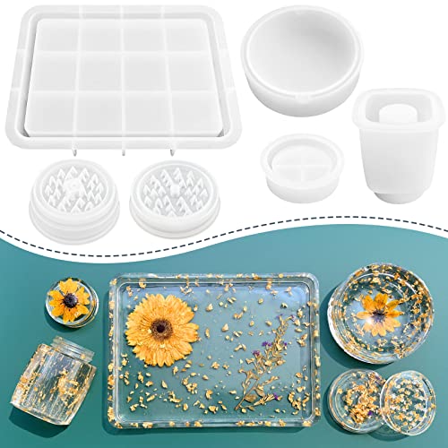 YIGWANG Rectangle Resin Tray Molds with Edges for Resin Casting, Jar Mold with Lid and Grinder Mold, Large Silicone Rolling Tray Molds DIY Jewelry YIGWANG