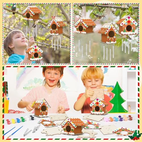 3 Sets Christmas Craft Houses Kits, Make Your Own Gingerbread Wooden Christmas Houses Bird Feeder & Wind Chime Kit, Wooden Painting Arts and Crafts QOUBAI