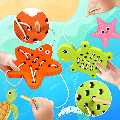 KLT Wooden Lacing Threading Toys for Toddlers Fine Motor Skills, 1 Turtle 1 Starfish Car Airplane Toddler Travel Toys, Wood Puzzle Educational Gifts KLT