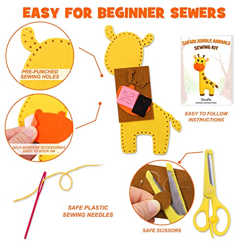 Safari Jungle Animals Sewing Kit Zoo Felt Animal DIY Crafts for Girls and Boys Educational Nursery Sewing for Kids Art Craft Kits for Beginners Set CiyvoLyeen