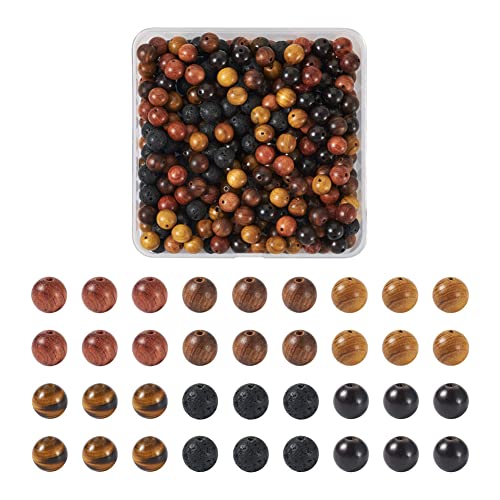 KISSITTY 300Pcs 6 Style Natural Wood Round Gemstone Beads Kit 8~8.5mm Including Lava Rock Beads & Grade AB Tiger Eye Wood Beads Natural Polished - WoodArtSupply