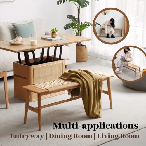 Hymus 32" L 100% FAS Oak Wooden Bench Indoor - Solid Wood Rope Woven Entryway Bench, Dining Bench, Boho Furniture for Entryway, Dining Room, Bedroom, Hymus