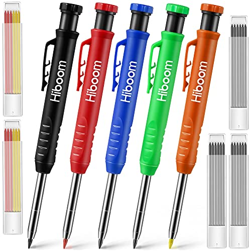 Hiboom 5 Pcs Mechanical Carpenter Pencil, 30 Pcs Refills Needle Nose Tip Hole Marker with Built in Sharpener, Scribe Making Tools for Woodworking, Hiboom