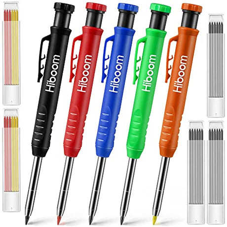 Hiboom 5 Pcs Mechanical Carpenter Pencil, 30 Pcs Refills Needle Nose Tip Hole Marker with Built in Sharpener, Scribe Making Tools for Woodworking, Hiboom