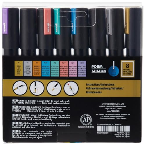 Posca PC-5M Water Based Permanent Marker Paint Pens, Set of 8 (Metallic Colors) Posca