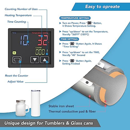 Tumbler Heat Press Machine - EZIOSS Versatile Mug Press for 30, 20, 16, 15, 11 OZ Cups - with Thermal Transfer Paper, Tape & DIY Free Template -