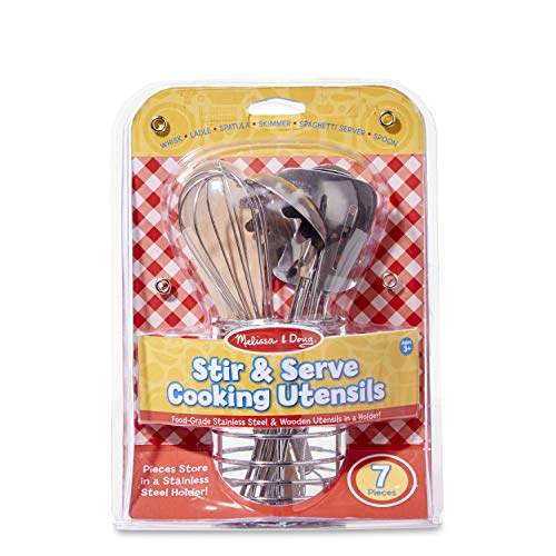 Melissa & Doug Stir and Serve Cooking Utensils (7 pcs) - Stainless Steel and Wood - WoodArtSupply