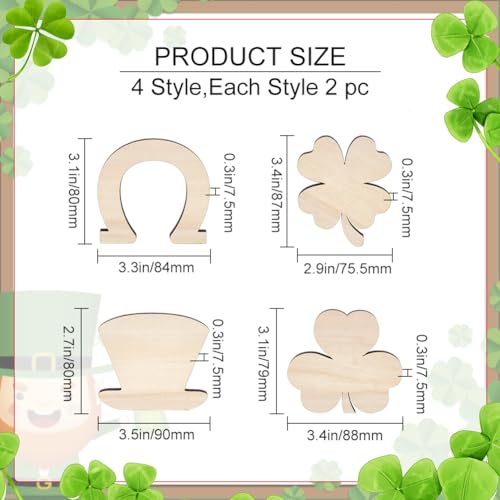 MAYJOYDIY 8pcs Shamrock Wooden Cutouts Unfinished Wood Shamrock Clover Cutouts Shamrock/Horseshoe/Four Clover/Hat Ornaments for DIY Craft Art MAYJOYDIY