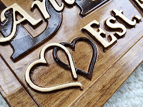 Personalized Wedding Gift Last Name Established Sign Family Name Signs Custom Wood Sign Carved Wood Sign 3D Hearts 5 Year Anniversary Gift